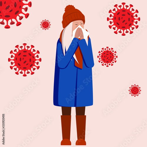 Girl has coronavirus, runny nose and viruses around on a blue background.Vector stock illustration, EPS 10.