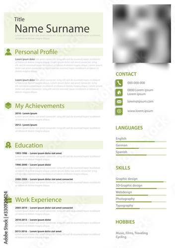 Professional personal resume cv with simple form in white green design