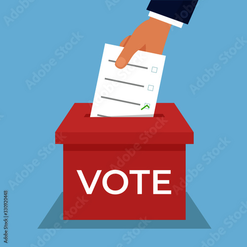 A hand places a ballot paper in a ballot box. Election concept. Flat design vector illustration.