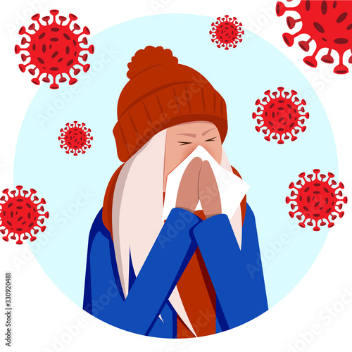 Girl has coronavirus, runny nose and viruses around on a blue background.Vector stock illustration, EPS 10.
