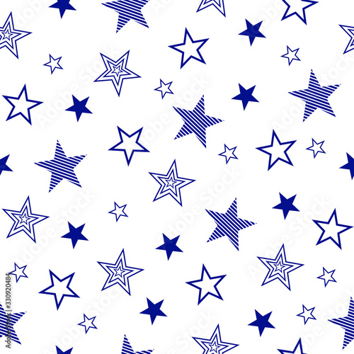 Seamless pattern with set drawn stars. Vector Wallpaper blue stars on a white background.