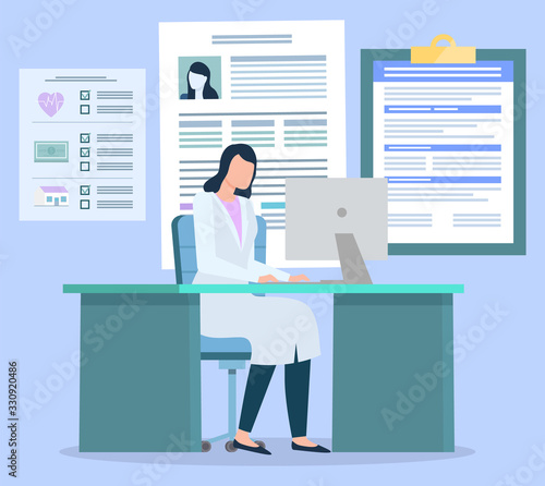 Doctor work on computer at hospital. Woman look at patient medical history, cards. Practitioner identify diseases and prescribe treatment. Notepad with health insurance map. Vector illustration