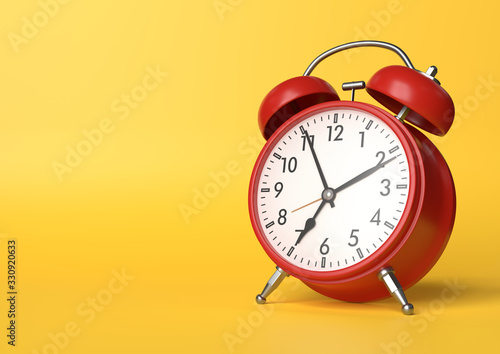 Red vintage alarm clock on bright yellow background in pastel colors. Minimal creative concept. 3d rendering illustration