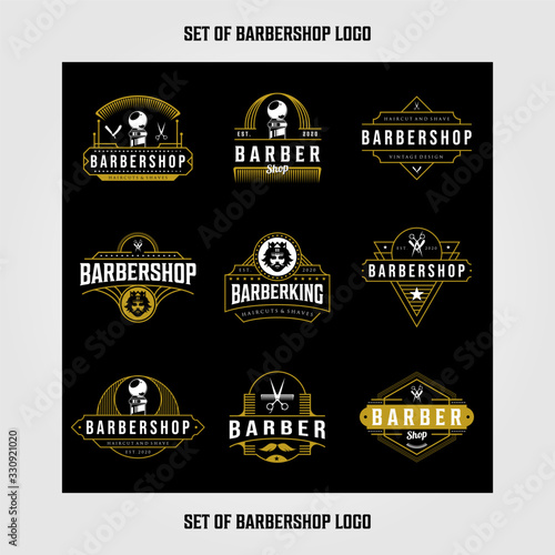 set of Barbershop logo design. Vintage lettering illustration on dark background.
