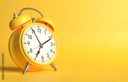 Yellow vintage alarm clock on bright yellow background in pastel colors. Minimal creative concept. 3d rendering illustration