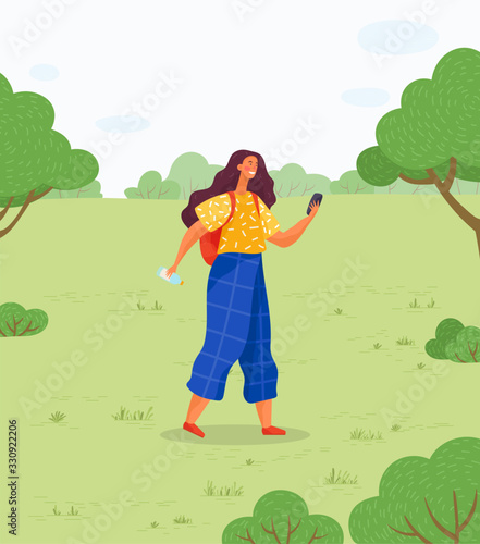 Female character with mobile phone walking in spring or summer park. Woman with smartphone texting or finding way in forest. Personage wearing backpack traveling outdoors. Vector in flat style