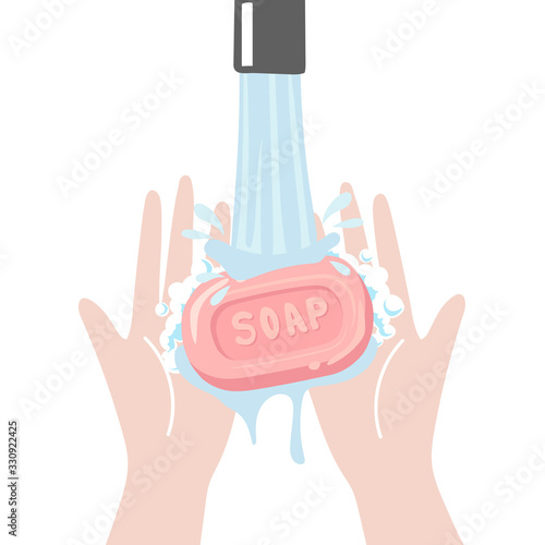 women washing hands with sanitizer soap and water, vector illustration.