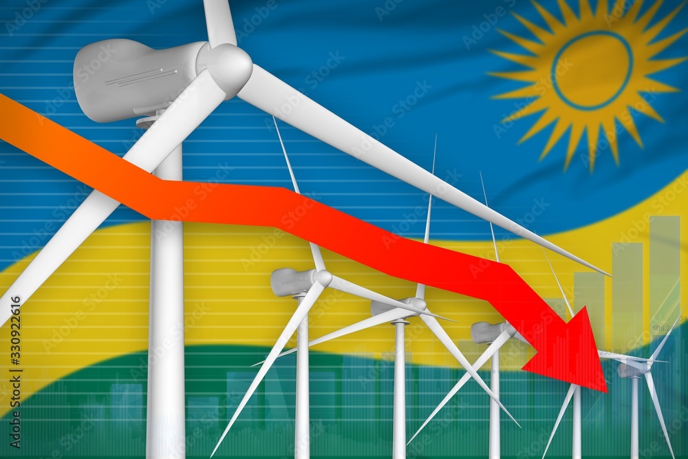 Rwanda wind energy power lowering chart, arrow down - modern natural energy industrial illustration. 3D Illustration