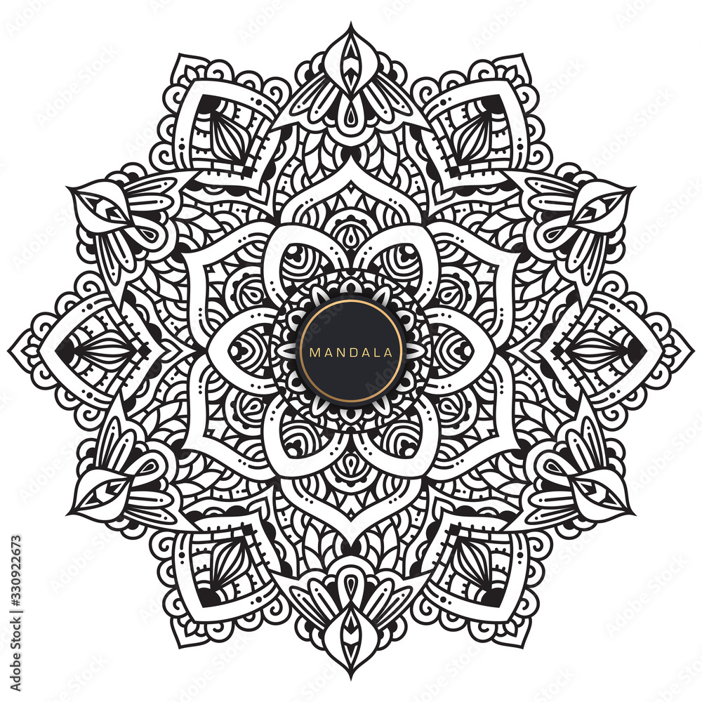 Obraz premium Mandala, tracery round boho doodle. Ethnic ornament, sketched symmetry. Folk, meditation design. Curved shape, isolated on white. Black and white art. Vector