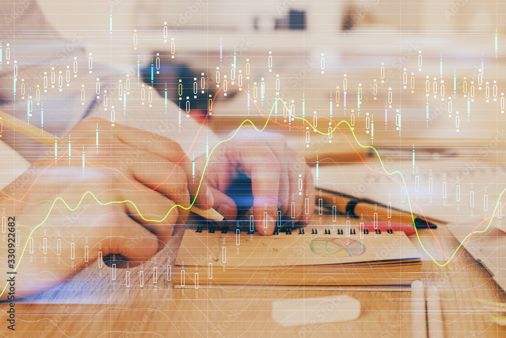 Multi exposure closeup hands with stock market forex graph. Multi exposure closeup hands with stock market forex graph.