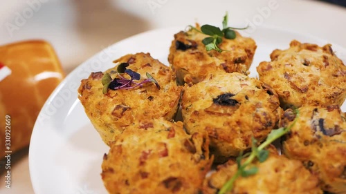 cook sprinkles ready-made cupcakes with meat and mushrooms cress salad