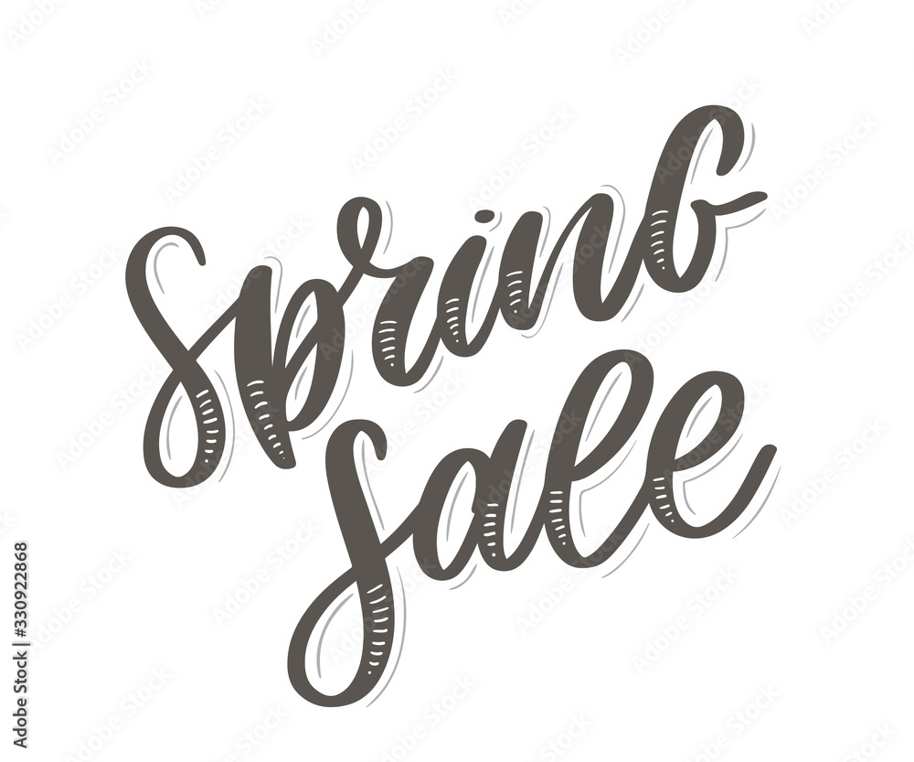 Fototapeta premium Spring Sale Word Hanging on Leaves with Strings. Vector Illustration flowers