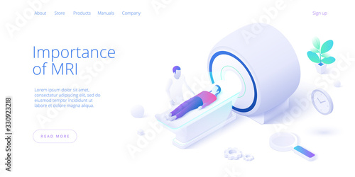 Magnetic resonance imaging concept in isometric vector design. Male doctor doing diagnostics of female patient with mri scan machine or equipment. Web banner layout template.