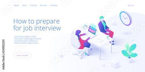 Job interview concept in isometric vector desig. Business HR or Human resources manager hiring employee or worker. Recruiting staff in company. Organizational socialization metaphor.