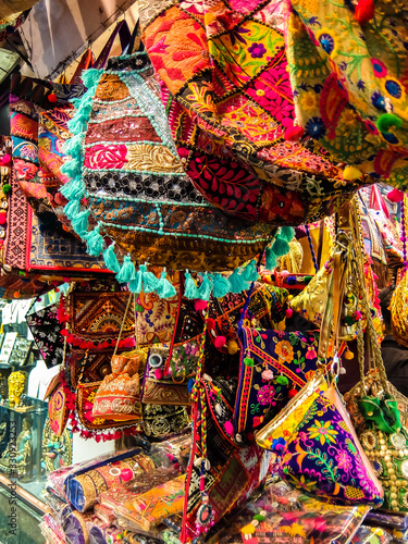Rishikesh, India. Bags on the flea market in Rishikesh