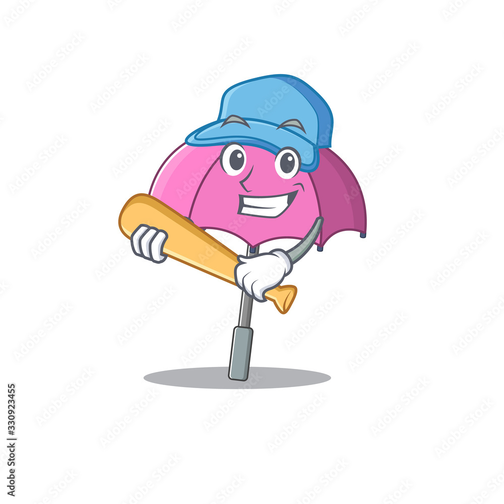 Mascot design style of pink umbrella with baseball stick Mascot design style of pink umbrella with baseball stick