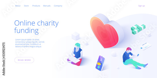 Online charity funding or care in isometric vector concept. Man and woman volunteer community or donation metaphor illustration. Web banner layout for people help or support.