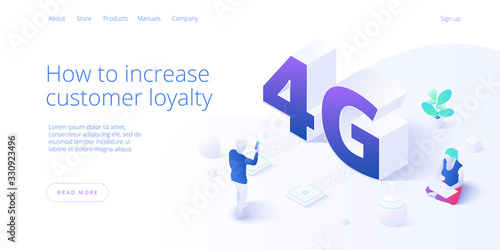 4g network technology in isometric vector illustration. Wireless mobile telecommunication service concept. Marketing website landing template. Smartphone internet speed connection background.