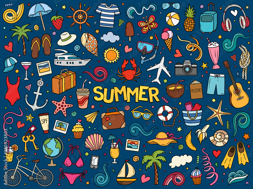 © anastasiastoma - Colorful hand drawn vector doodle set of summer and vacation. © anastasiastoma - Colorful hand drawn vector doodle set of summer and vacation.