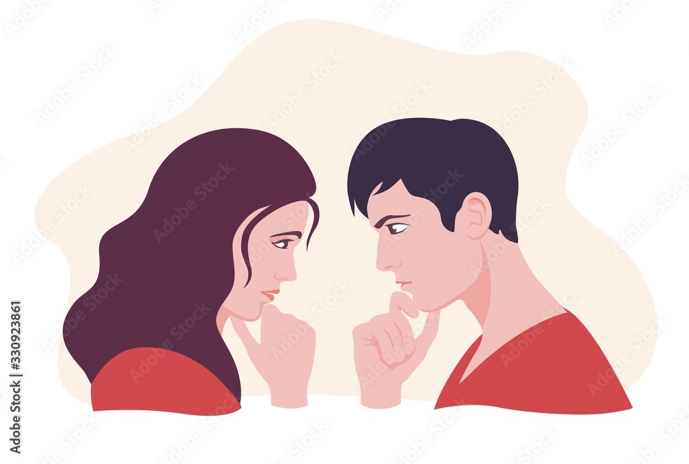 Female and male face looking each other and thinking vector flat illustration. Visual contact of suspicious man and woman isolated on white background. Pensive cartoon people contemplating Female and male face looking each other and thinking vector flat illustration. Visual contact of suspicious man and woman isolated on white background. Pensive cartoon people contemplating