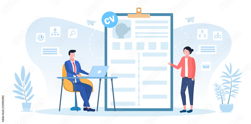 Businessman conducting a employment interview with a potential job applicant standing alongside a CV backdrop in a human resources and work vacancy concept, vector illustration