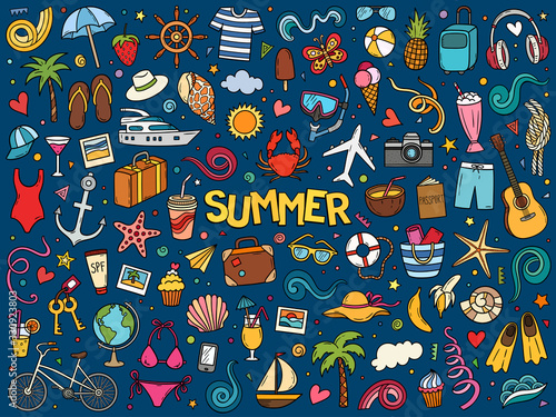 Colorful hand drawn vector doodle set of summer and vacation.