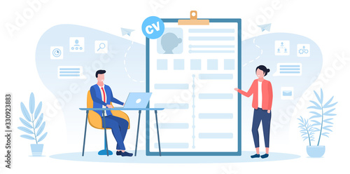 Businessman conducting a employment interview with a potential job applicant standing alongside a CV backdrop in a human resources and work vacancy concept, vector illustration