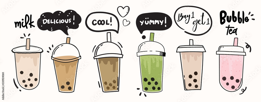 Fototapeta Bubble milk tea cup design collection,Pearl milk tea , Yummy drinks, coffees and soft drinks with doodle style banner and sale poster. - Vector illustration.