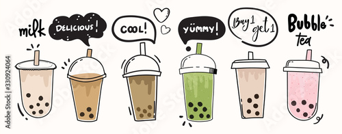 Fototapeta Bubble milk tea cup design collection,Pearl milk tea , Yummy drinks, coffees and soft drinks with doodle style banner and sale poster. - Vector illustration.