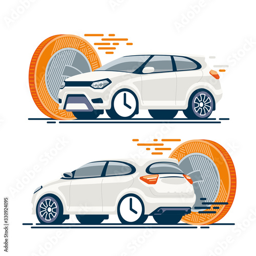 White car rushing towards money quickly. Fast sale, rental, car exchange, payment for transport.