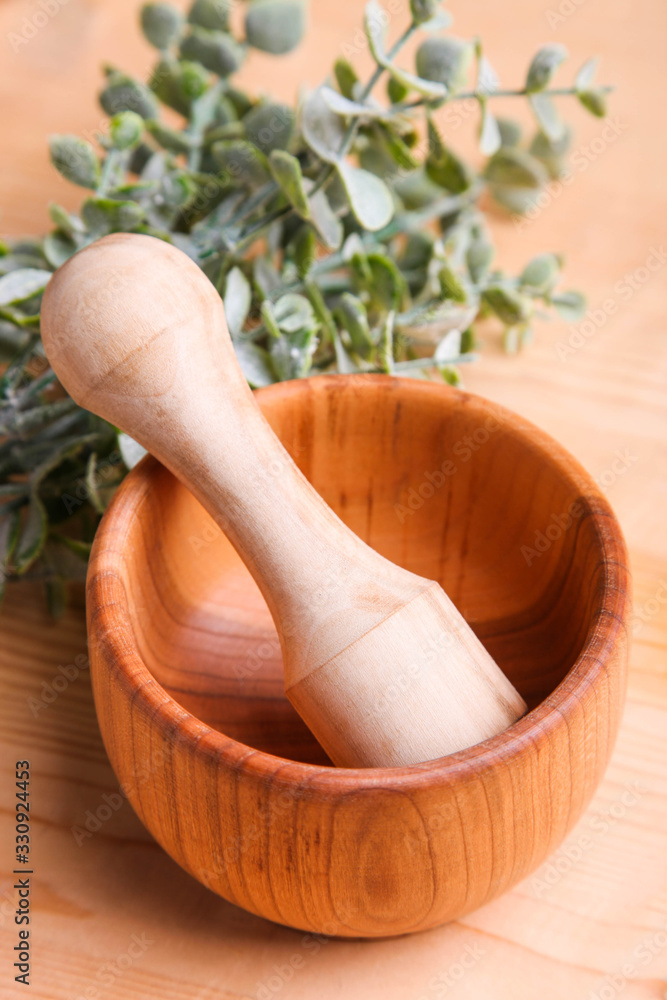 Wooden mortar with a pusher and a branch of eucalyptus