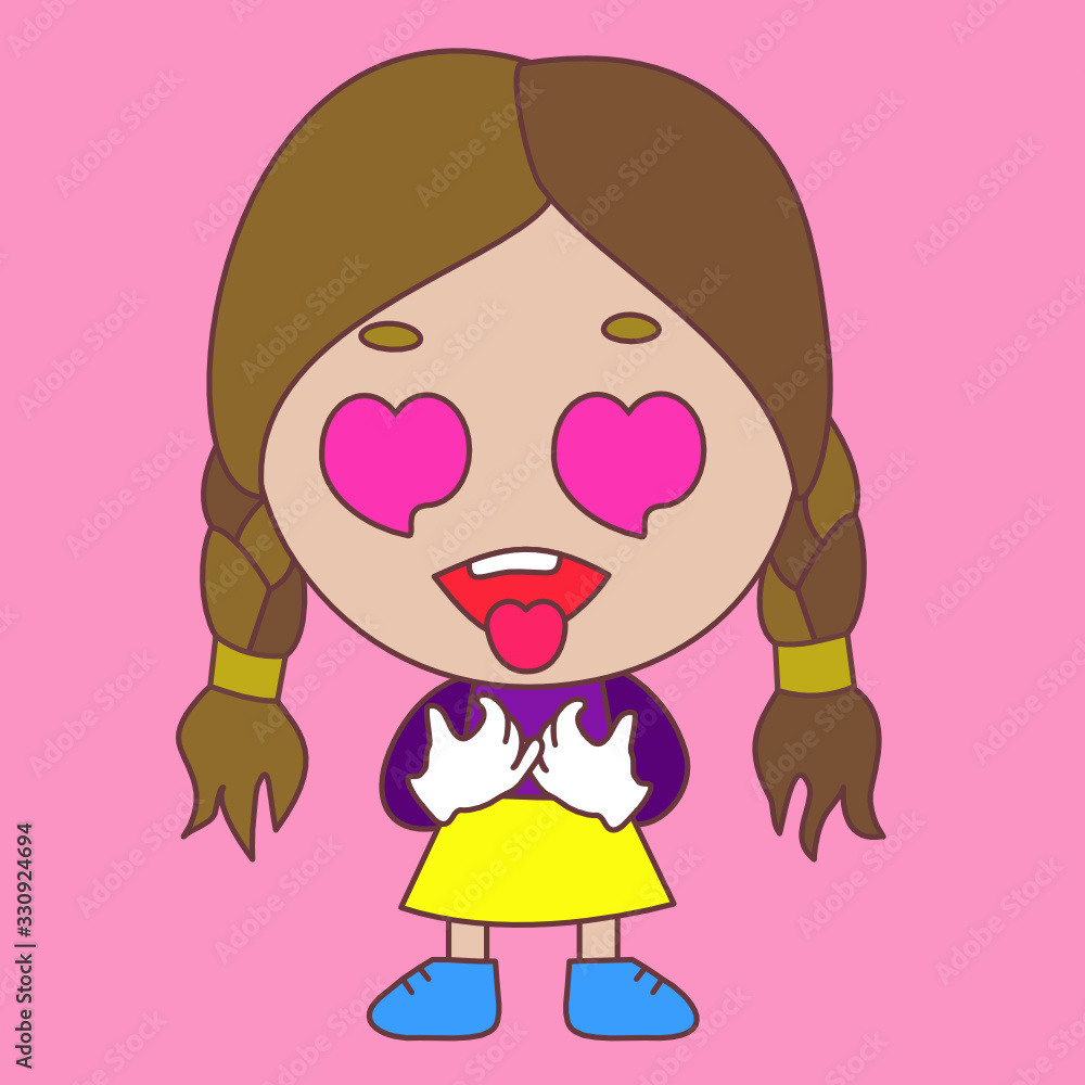 pictogram with drooling girl sticking out her tongue with heart symbols in her eyes expressing that she's in love or saw something desireable, simple colored emoticon pictogram with drooling girl sticking out her tongue with heart symbols in her eyes expressing that she's in love or saw something desireable, simple colored emoticon