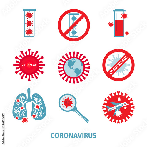 Novel Coronavirus 2019-nCoV . Coronavirus icon set for infographic or website. Coronavirus risk and public health risk of disease and flu outbreaks. Viral epidemic in the world