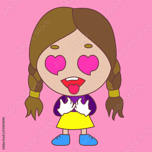 pictogram with drooling girl sticking out her tongue with heart symbols in her eyes expressing that she's in love or saw something desireable, simple colored emoticon photo