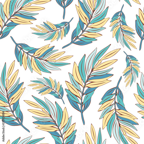 Hand drawn palm leaves seamless pattern. Tropical plants on a white background. Exotic Wallpaper. Vector illustration