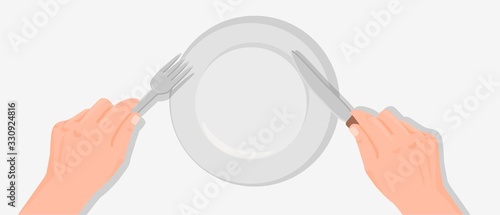 Cartoon male hands empty plate eat template top view isolated on white background. Human arms holding knife and fork vector graphic illustration. Hungry gourmet person enjoying food