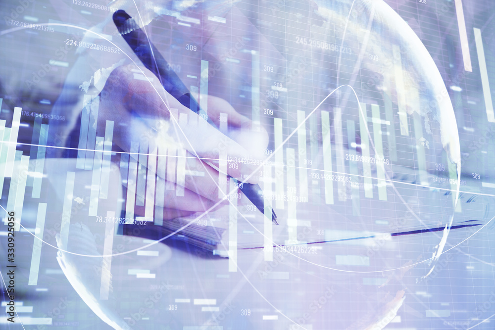 International business hologram over woman's hands taking notes background. Concept of success. Double exposure International business hologram over woman's hands taking notes background. Concept of success. Double exposure