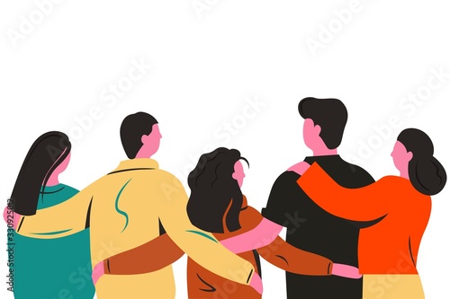 Group of cartoon friends standing and hugging together back view vector flat illustration. Colored people embrace enjoying friendship isolated on white background. Concept of united and support