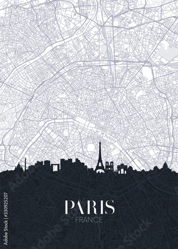 Skyline and city map of Paris, detailed urban plan vector print poster