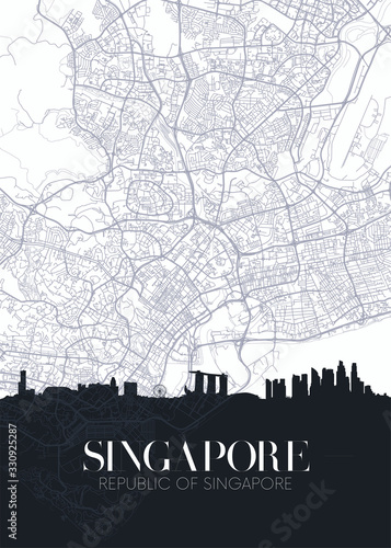 Skyline and city map of Singapore, detailed urban plan vector print poster