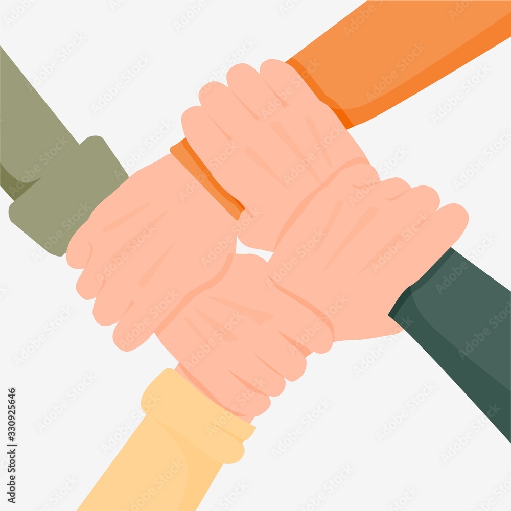 Four cartoon hand holding together isolated on white background. Colorful  diversity people cooperation and teamwork vector flat illustration. Concept  of support, partnership, friendship and unity Stock Vector | Adobe Stock