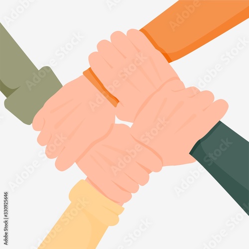 Four cartoon hand holding together isolated on white background. Colorful diversity people cooperation and teamwork vector flat illustration. Concept of support, partnership, friendship and unity