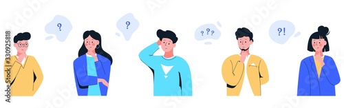 Set cartoon people think with question mark in thought bubble isolated on white background. Collection of different pensive colorful man and woman with thoughtful expression vector flat illustration