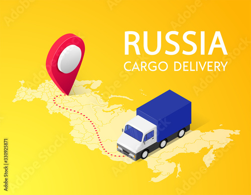 Cargo delivery isometric banner concept with text, pin, truck, Russia map on yellow background. Logistic service 3d design. Shipping vector illustration for web, mobile app, advert