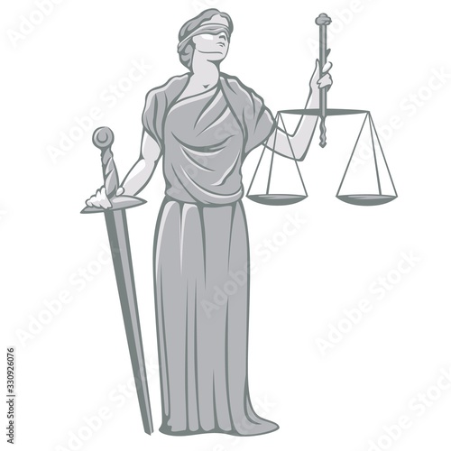 Cartoon goddess Themis holding sword of justice and weights by hands vector illustration in monochrome style. Female symbol of law scale isolated on white background. Statue of blindfolded lawyer lady