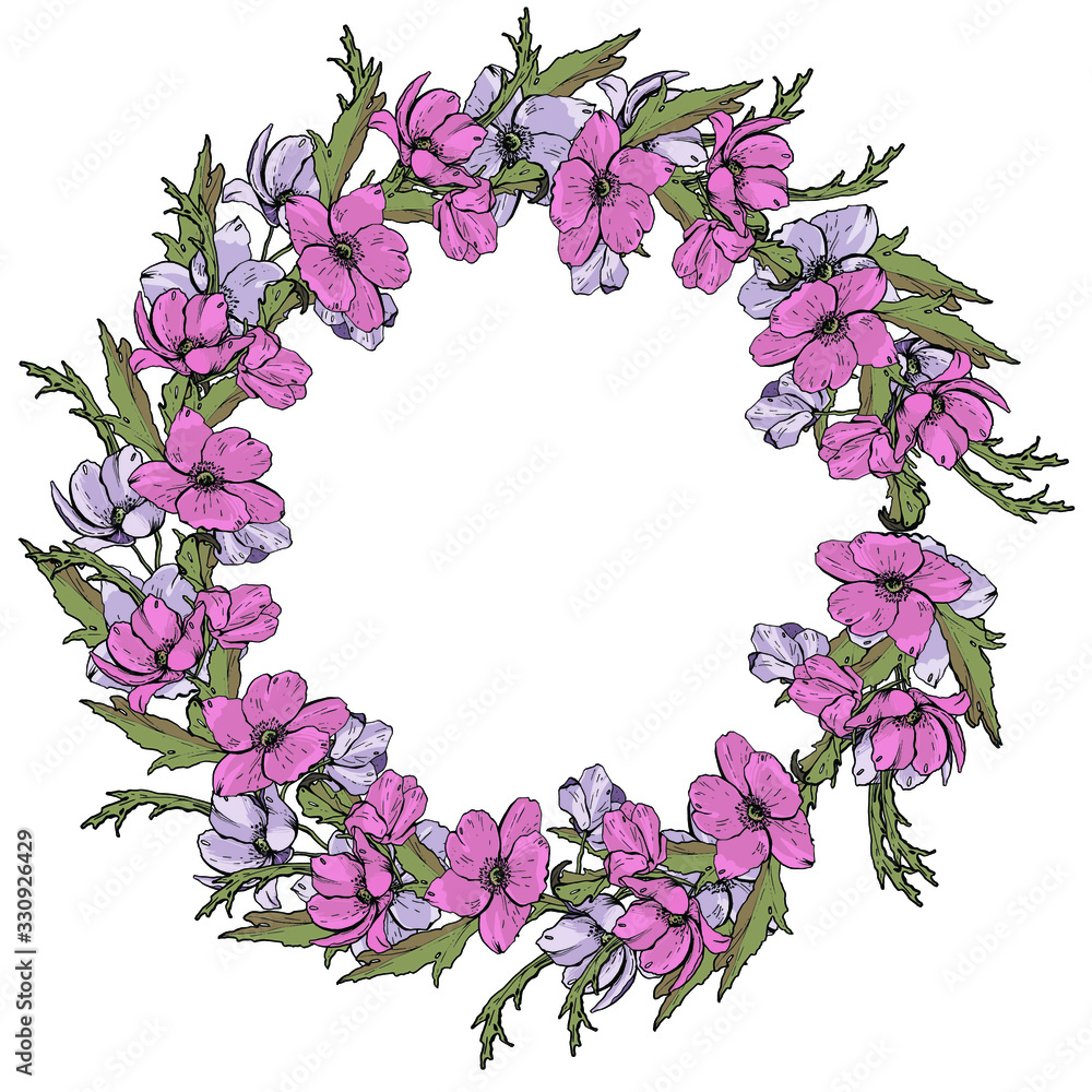 A wreath of delicate spring flowers. Isolated over white background. Vector graphics. A wreath of delicate spring flowers. Isolated over white background. Vector graphics.