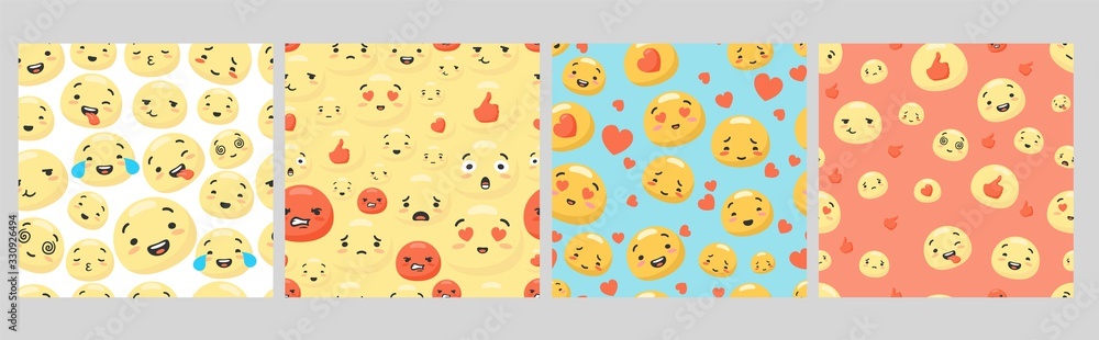 Set of various colorful smiley seamless pattern. Collection of cartoon face with different expression isolated. Bundle of colored funny character facial emotion vector flat illustration