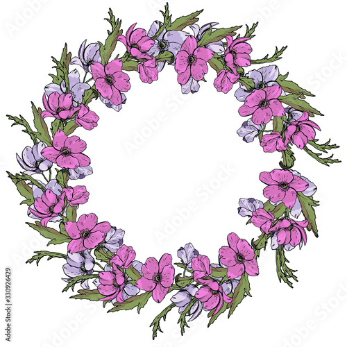 A wreath of delicate spring flowers. Isolated over white background. Vector graphics.