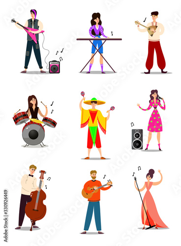 Musicians and singers in colorful costumes on stage vector illustration