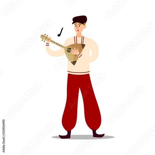 Man musician in national costume playing balalaika vector illustration
